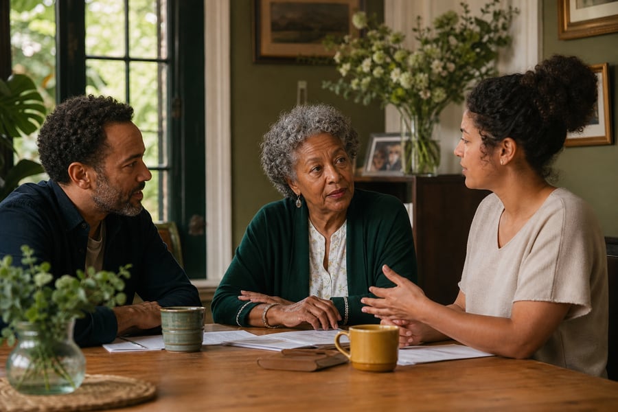 Family reviewing important documents together at home